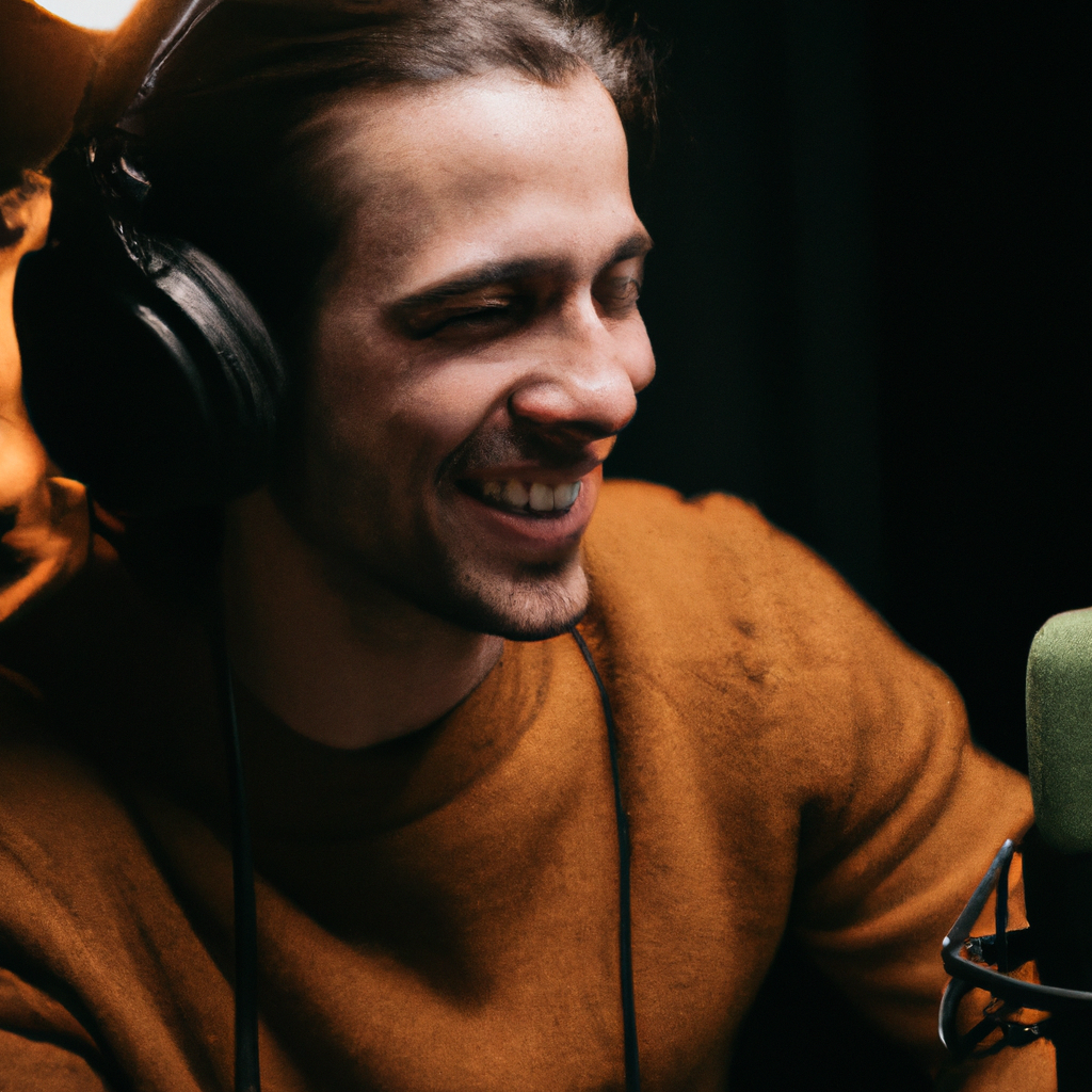 Hôte de podcast souriant avec casque et micro professionnel